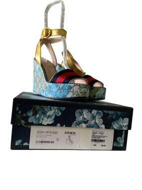 Gucci Womens Floral GG Canvas Platform Wedges With Gold Leather Straps & Red-Nav